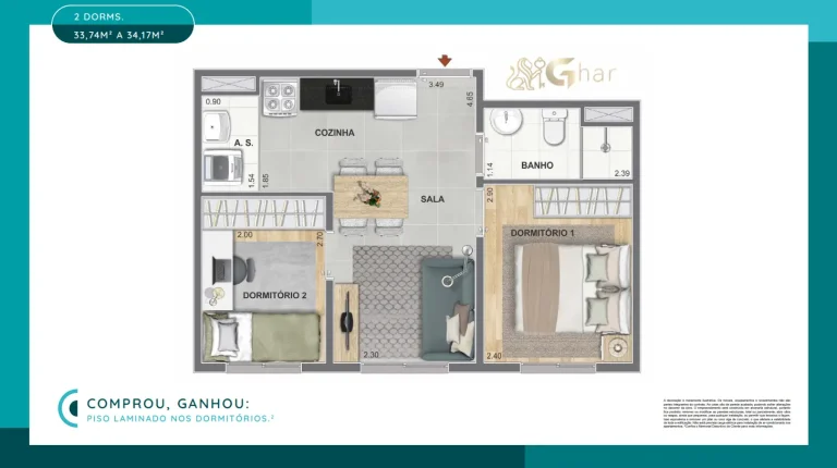 Planta de apartamento 2 dormitórios de 33.74 a 34.17 m² do Cidade Mooca San Pietro