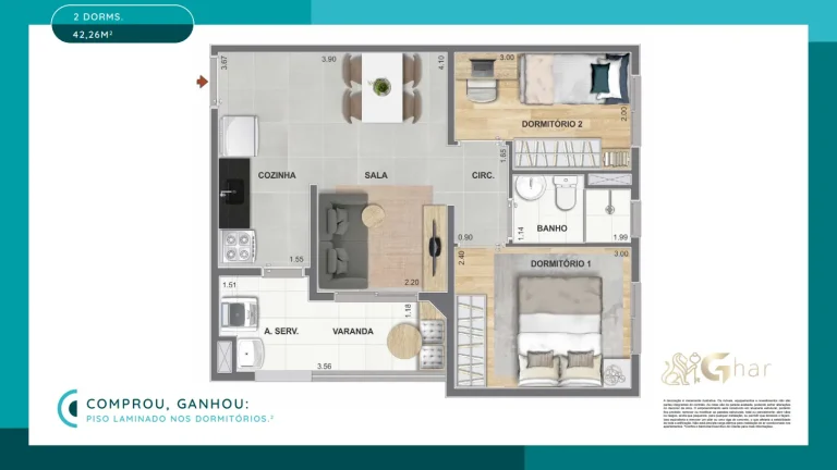 Planta de apartamento 2 dormitórios de 42.26 m² do Cidade Mooca San Pietro