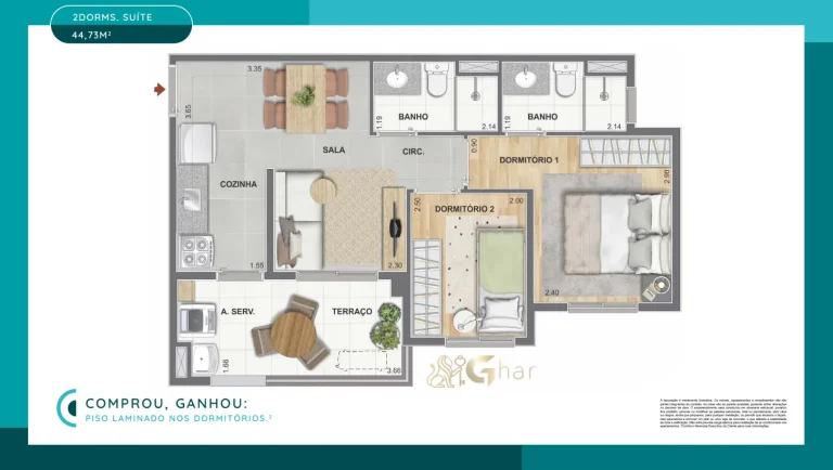 Planta de apartamento 2 dormitórios de 44.73 m² do Cidade Mooca San Pietro na Mooca São Paulo