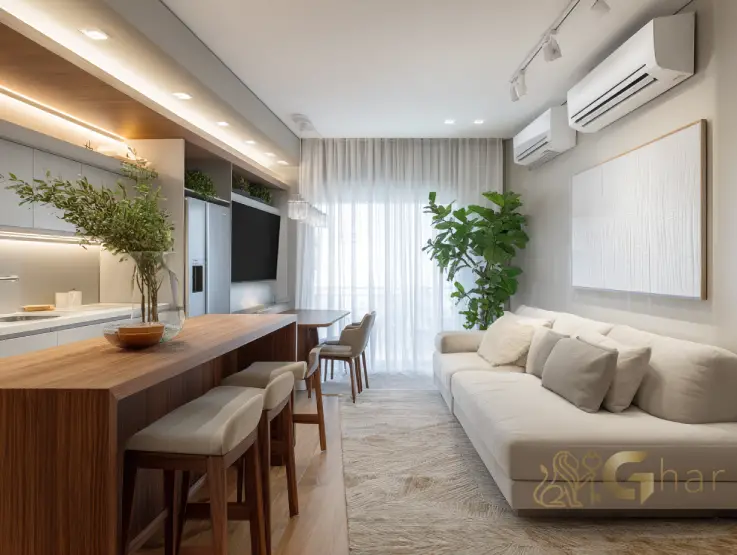 Apartamento decorado do Cidade Mooca – Venezia com sala e cozinha integrada