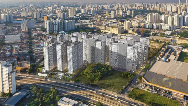 Vista aérea da fachada do condomínio Cidade Mooca – Venezia na Mooca