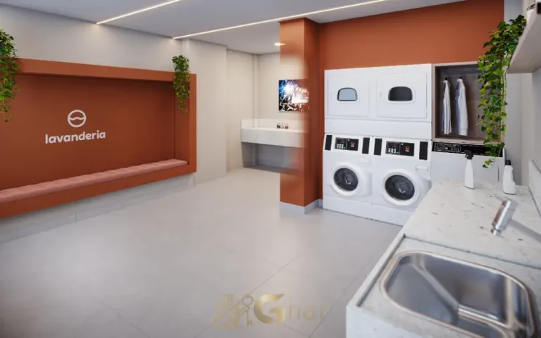 Lavanderia compartilhada do condomínio Cidade Mooca – Venezia com espaço funcional na Mooca