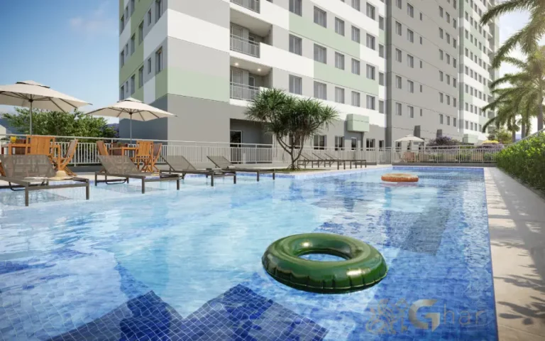 Piscina com deck molhado do condomínio Cidade Mooca – Venezia para lazer e descanso