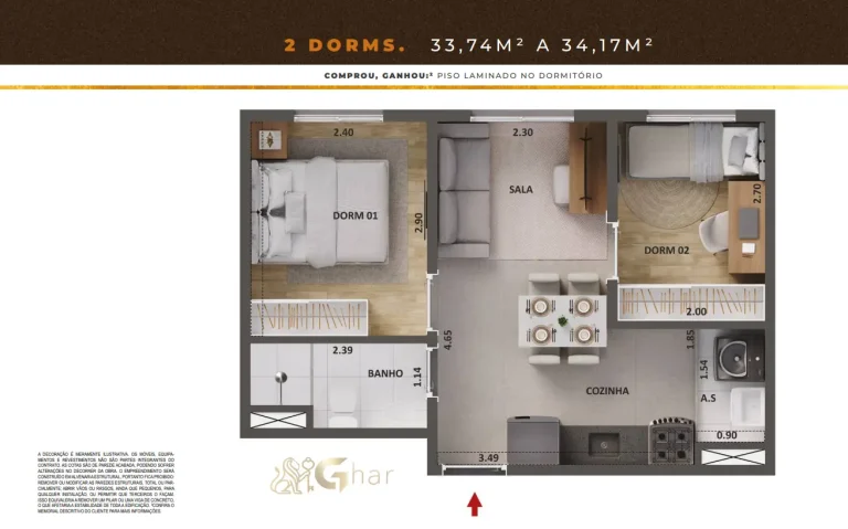 Planta de apartamento 2 dormitórios de 33,74 a 34,17 m² no Cidade Mooca – Venezia