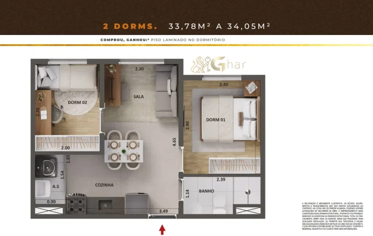 Planta de apartamento 2 dormitórios de 33,78 a 34,05 m² do Cidade Mooca – Venezia