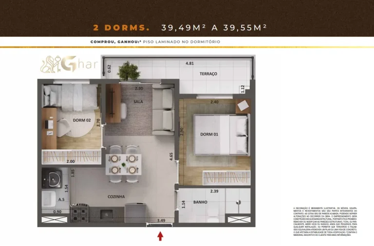 Planta de apartamento 2 dormitórios de 39,49 a 39,55 m² do Cidade Mooca – Venezia