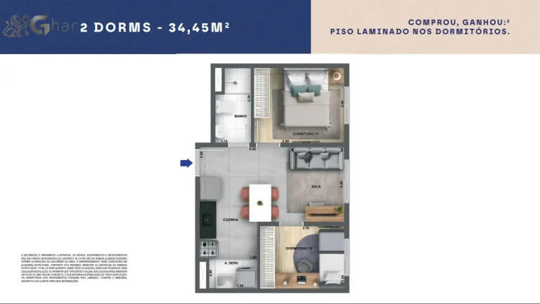 Planta do apartamento 2 dormitórios de 34,45 m² do Cidade Villa Lobos Maestro