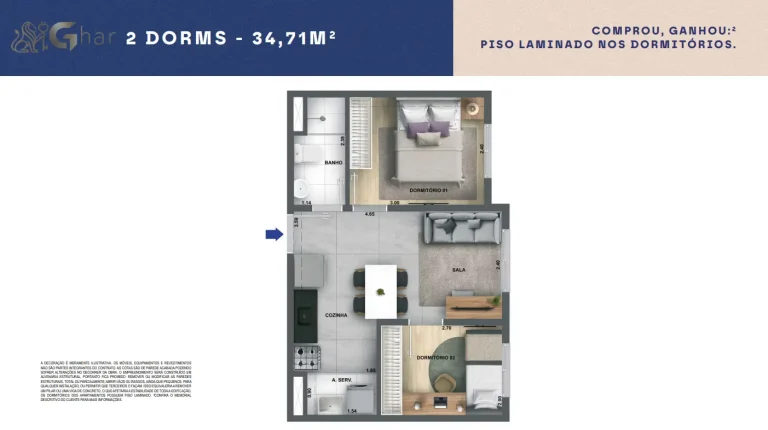 Planta do apartamento 2 dormitórios de 34,71 m² do Cidade Villa Lobos Maestro