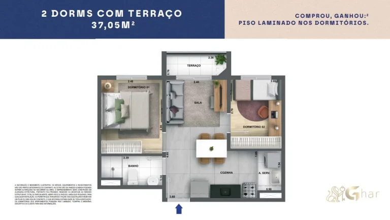 Planta do apartamento 2 dormitórios com terraço de 37,05 m² do Cidade Villa Lobos Maestro