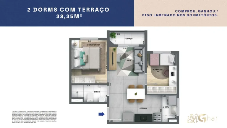 Planta do apartamento 2 dormitórios com terraço de 38,35 m² do Cidade Villa Lobos Maestro