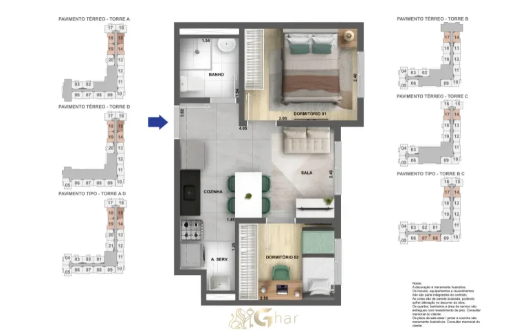 Planta de apartamento 2 dormitórios no Cidade Villa Lobos Melodia no Jaguaré