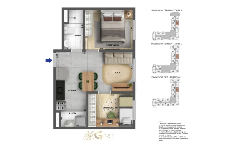 Planta compacta de apartamento 2 dormitórios no Cidade Villa Lobos Melodia