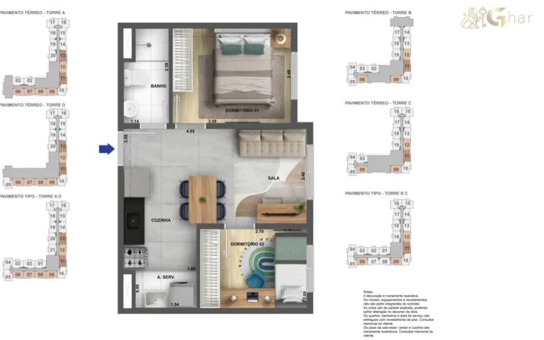 Planta de apartamento 2 dormitórios com terraço de 34 m² no Cidade Villa Lobos Melodia
