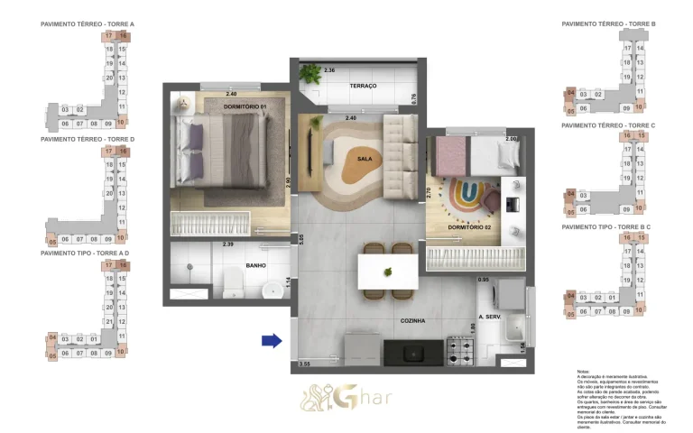 Planta de apartamento 2 dormitórios com terraço de 38 m² no Cidade Villa Lobos Melodia