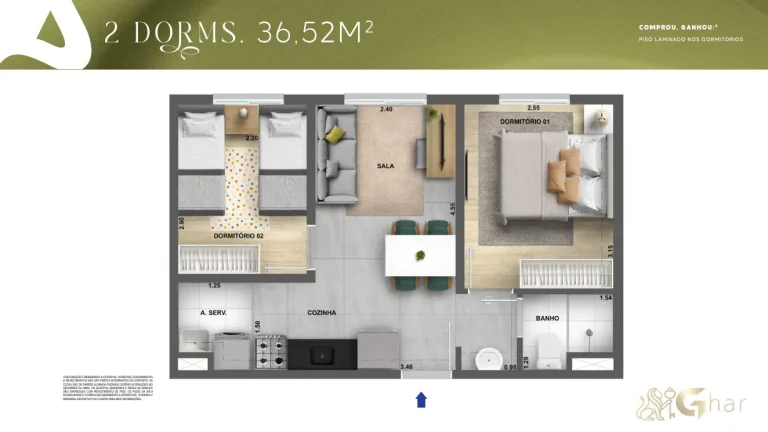 Planta do apartamento 2 dormitórios de 36,52 m² do Cidade Villa Lobos – Sonata no Jaguaré