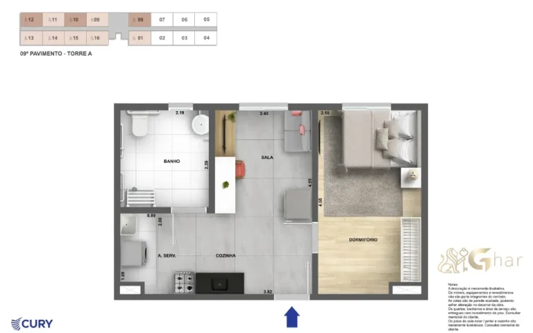 Planta do apartamento 2 dormitórios de 36 m² do Cidade Villa Lobos – Sonata no Jaguaré