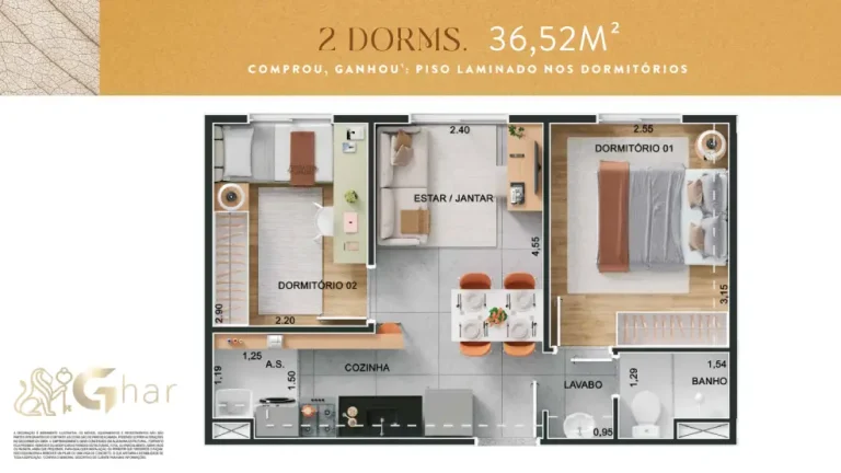 Planta do apartamento de 2 dormitórios com 36,52 m² no Cidade Villa Lobos – Soprano
