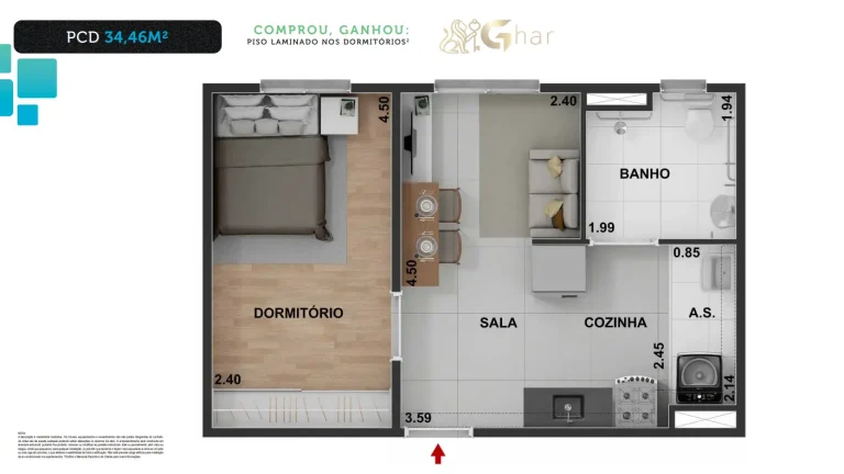 Planta de apartamento 1 dormitório PCD 34,46 m² do Connect São Mateus 2