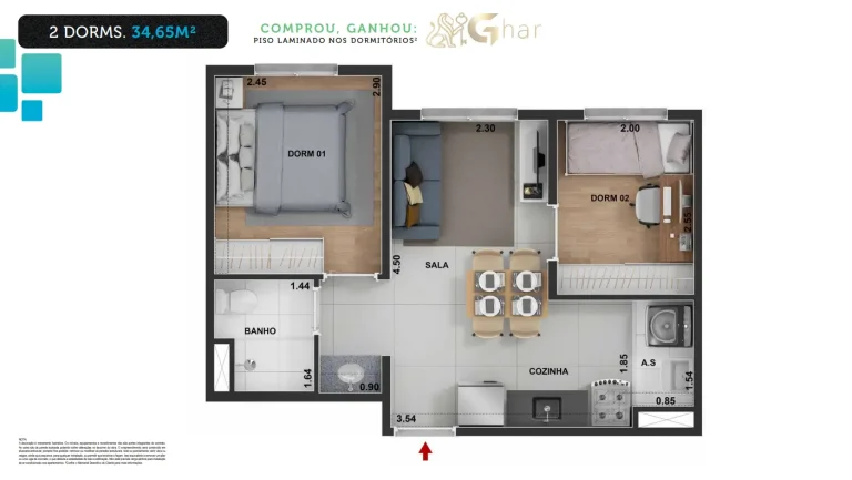 Planta de apartamento 2 dormitórios 34,65 m² do Connect São Mateus 2