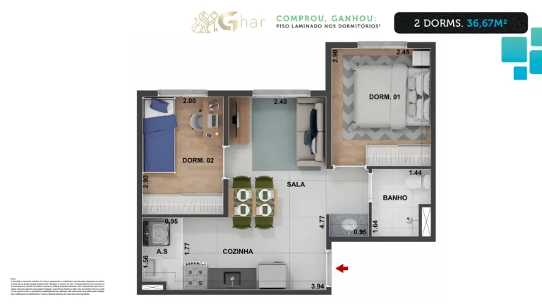 Planta de apartamento 2 dormitórios 36,67 m² do Connect São Mateus 2