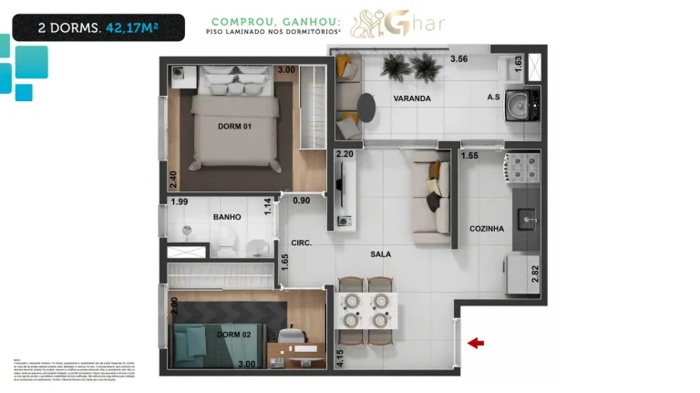 Planta de apartamento 2 dormitórios 42,17 m² do Connect São Mateus 2