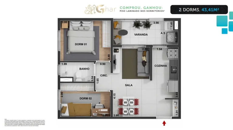 Planta do apartamento de 2 dormitórios do Connect São Mateus 2, com 42,17 m², ideal para quem busca mais espaço, conforto e qualidade de vida em condomínio residencial em São Mateus, São Paulo.