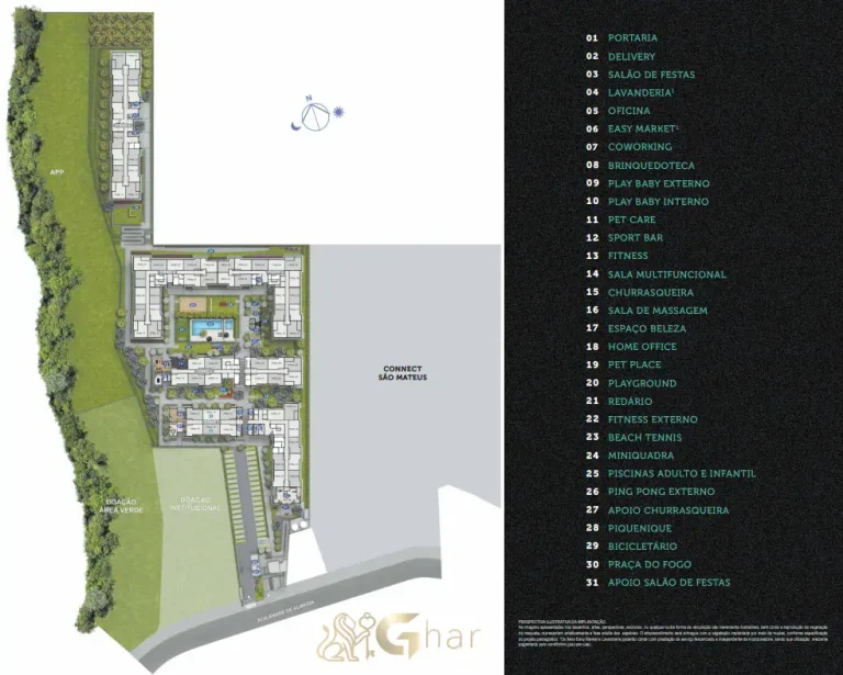 Planta de implantação do térreo com áreas de lazer do Connect São Mateus 2 em São Mateus