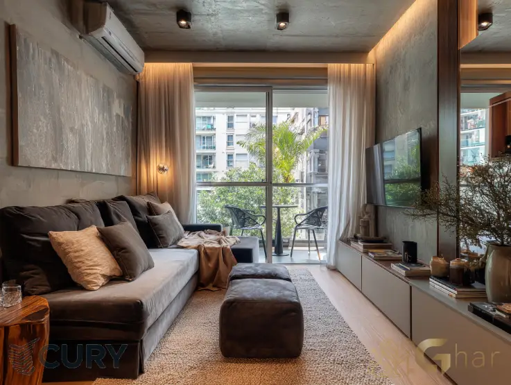 Apartamento decorado da Cury Construtora e Incorporadora com sala integrada ao terraço em São Paulo