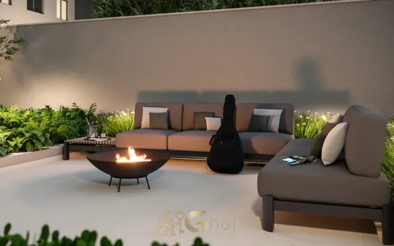 Área de estar com lareira do Cury Square Panamby no Panamby, São Paulo