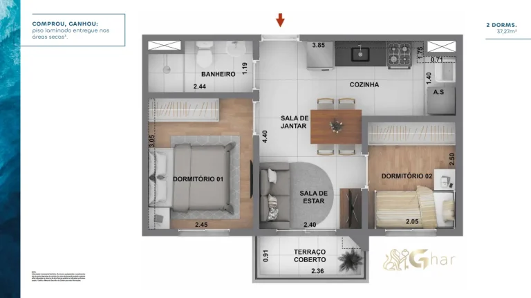 Planta de apartamento 2 dormitórios de 37,27 m² do Cury Square Panamby
