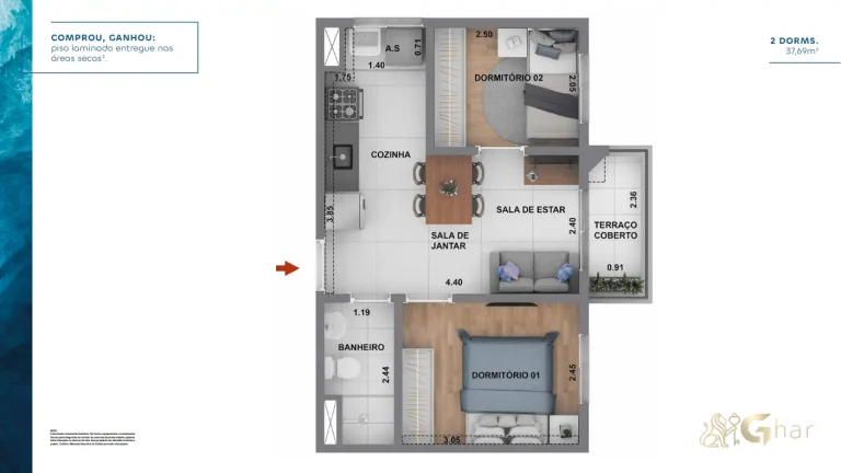 Planta de apartamento 2 dormitórios de 37,69 m² do Cury Square Panamby