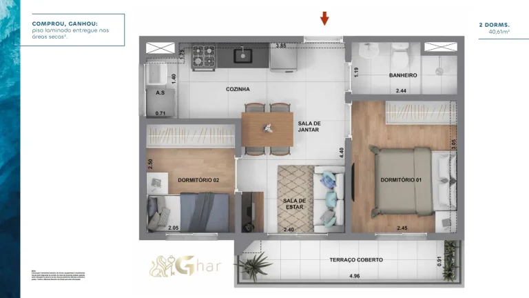 Planta de apartamento 2 dormitórios de 40,61 m² do Cury Square Panamby