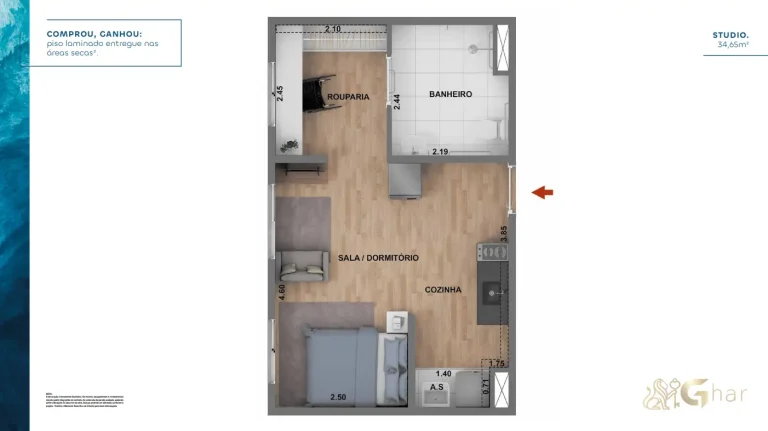 Planta de apartamento studio de 34,65 m² do Cury Square Panamby