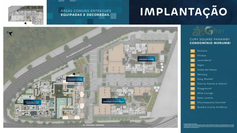 Planta de implantação do térreo com lazer do Cury Square Panamby