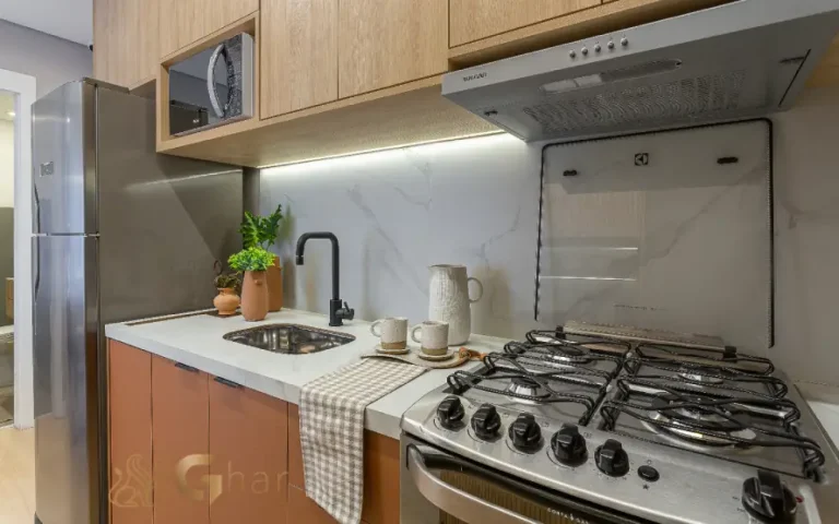 Cozinha integrada do apartamento decorado do Cury Square Panamby no Panamby