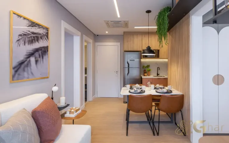 Sala com cozinha aberta do apartamento decorado do Cury Square Panamby Residencial Itapaiúna