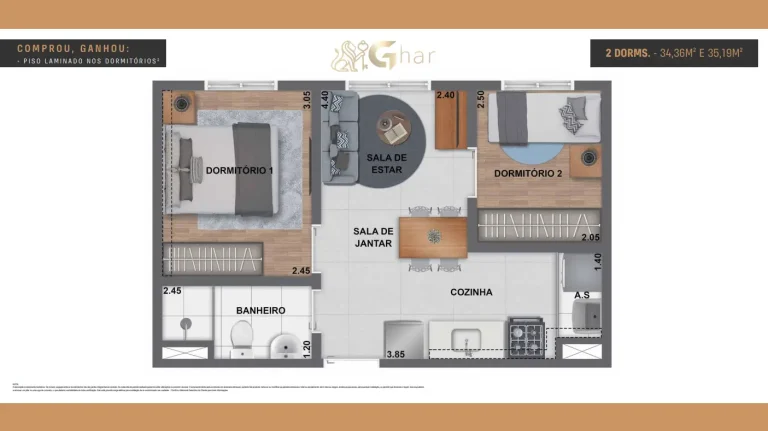 Planta apartamento 2 dormitórios de 34 e 35 m² do Cury Square Panamby no Panamby