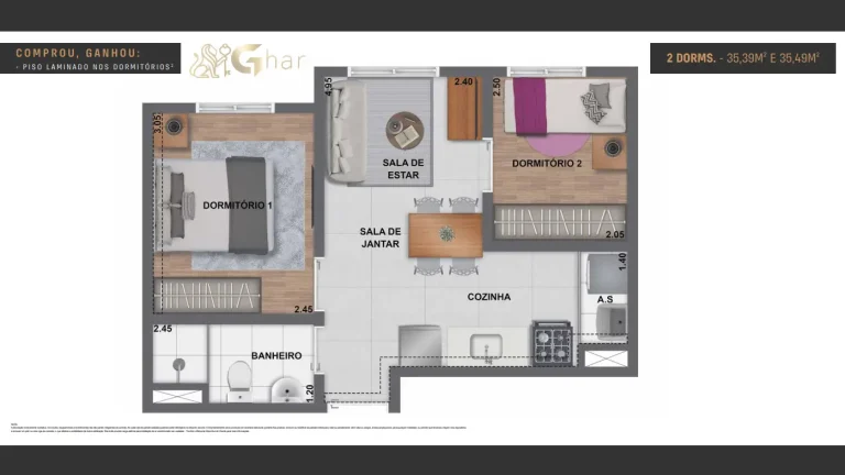 Planta apartamento 2 dormitórios de 35 m² do Cury Square Panamby no Panamby