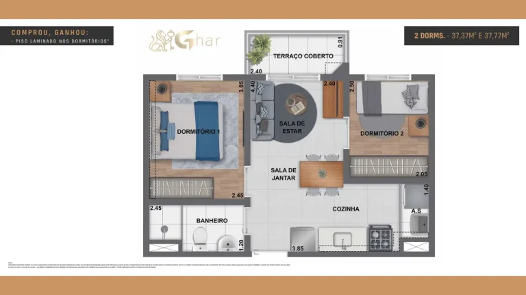 Planta apartamento 2 dormitórios de 37 m² do Cury Square Panamby no Panamby