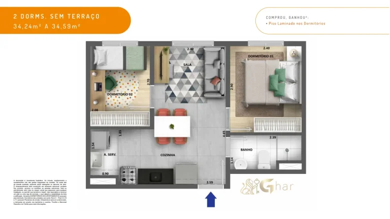 Planta de apartamento 2 dormitórios 34,24 a 34,59 m² Dez Belenzinho