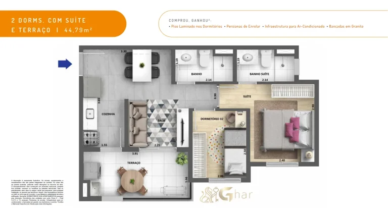 Planta de apartamento 2 dormitórios com suíte e terraço 44,79 m² Dez Belenzinho