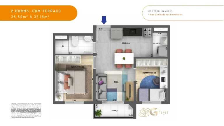 Planta de apartamento 2 dormitórios com terraço 36,80 a 37,16 m² Dez Belenzinho