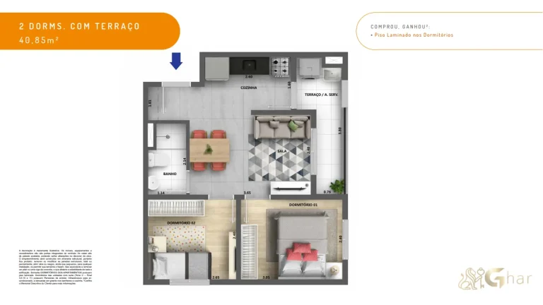 Planta de apartamento 2 dormitórios com terraço 40,85 m² Dez Belenzinho