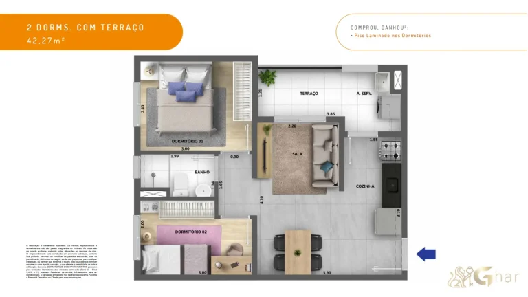 Planta de apartamento 2 dormitórios com terraço 42,27 m² Dez Belenzinho