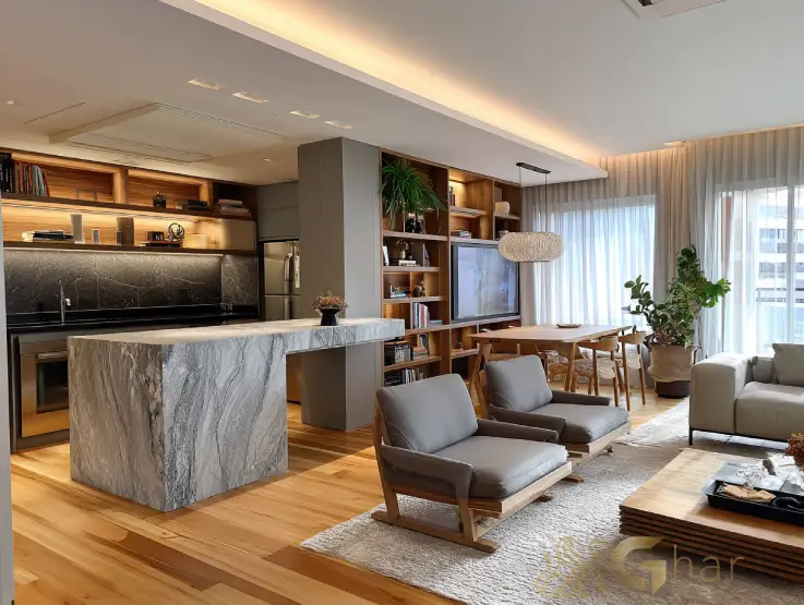 Sala de estar do apartamento decorado do Dez Butantã no Butantã