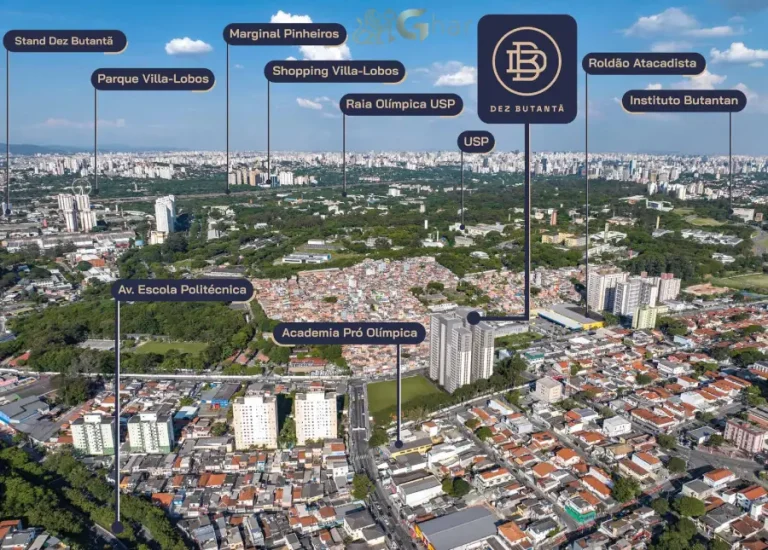 Vista aérea do bairro do Butantã com o condomínio Dez Butantã em destaque