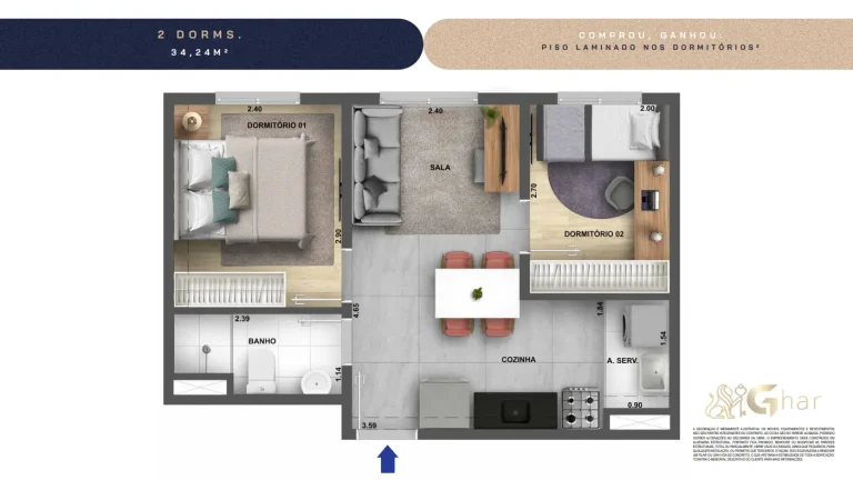 Planta de apartamento 2 dormitórios 34,24 m² no condomínio Dez Butantã