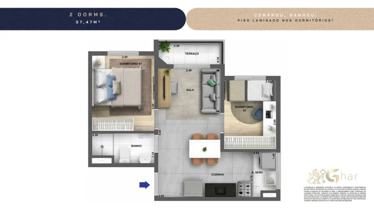 Planta de apartamento 2 dormitórios 37,47 m² no Dez Butantã