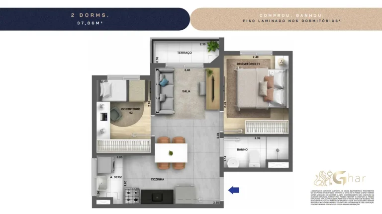 Planta de apartamento 2 dormitórios 37,86 m² com opção de terraço no Dez Butantã