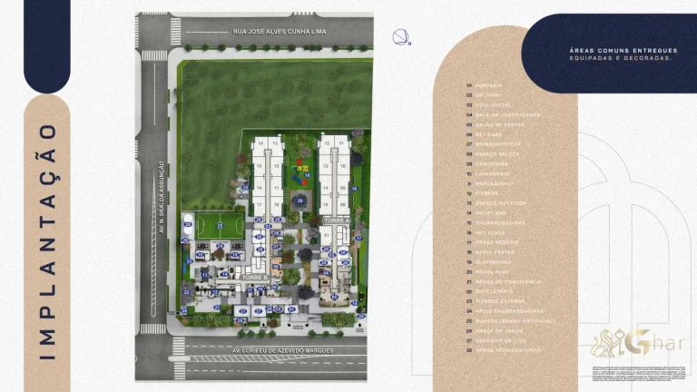 Planta de implantação do térreo com áreas de lazer do condomínio Dez Butantã